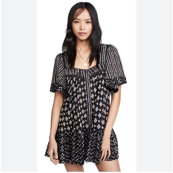 Free People Dress Womens Small Black Hearts Desire Cotton Mini Ivory Boho New - Picture 2 of 12